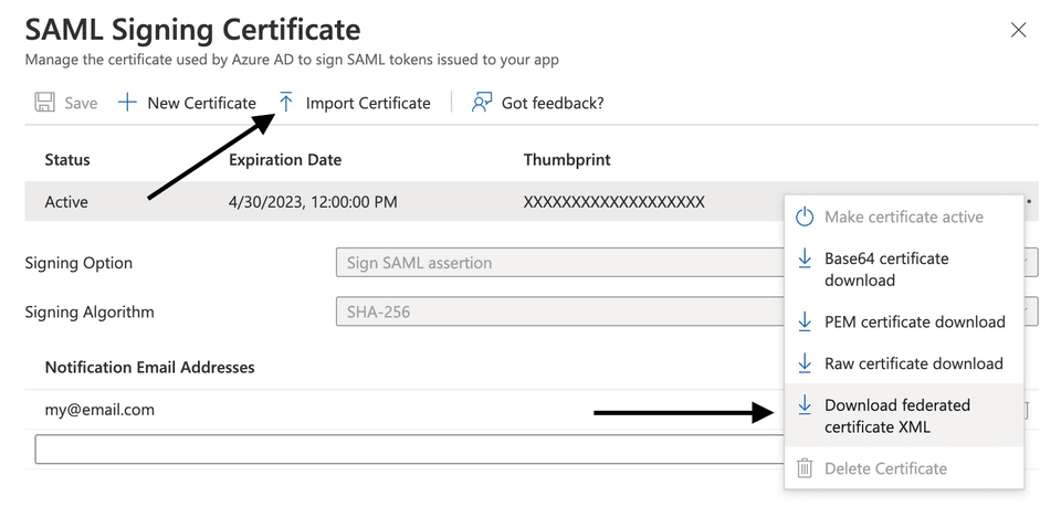 Azure AD SAML Signing Certificate